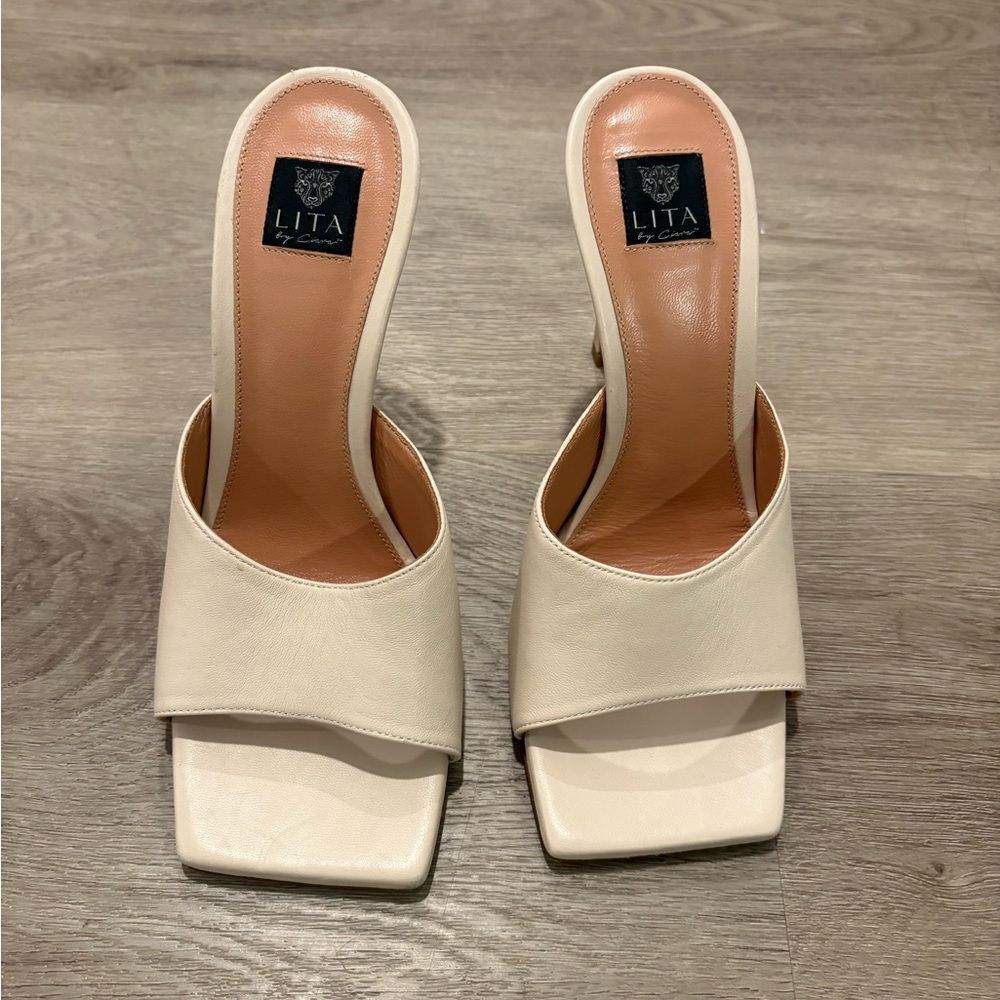 LITA by CIARA Solid Square Toe Slide Heels Sandal in cream